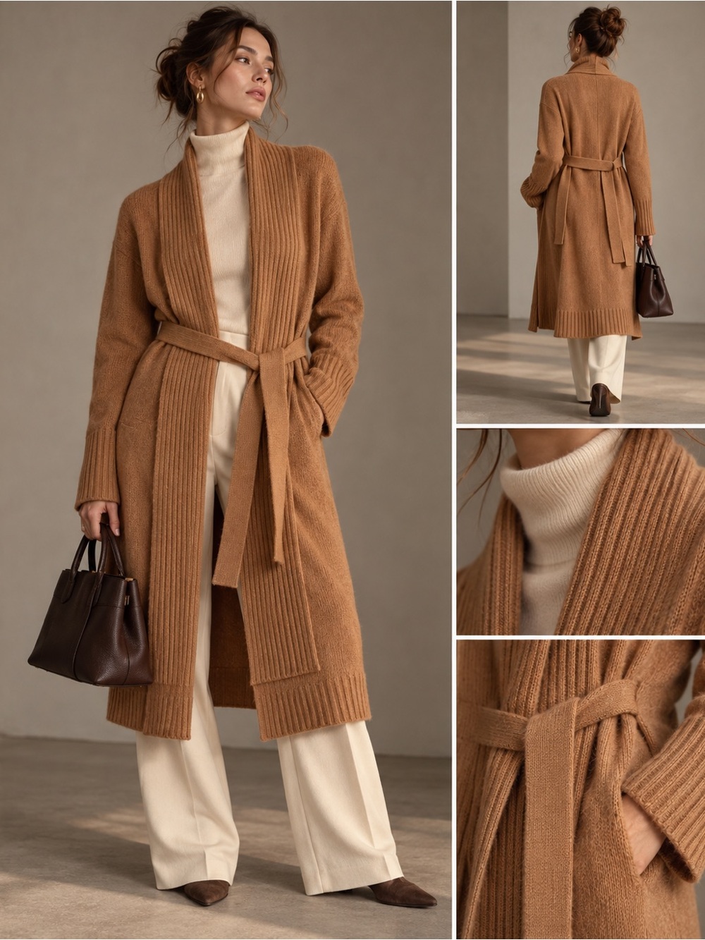 Camel Lambswool Angora Wrap Cardigan Coat Size L Neutral Fall Layer BCBGMAXAZRIA